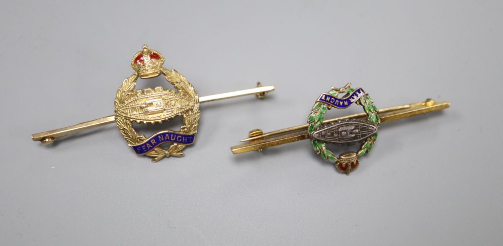 A 9ct gold, white metal and two colour enamel Royal Tank Regiment bar brooch, 47mm, gross 4.3 grams & 1 other.